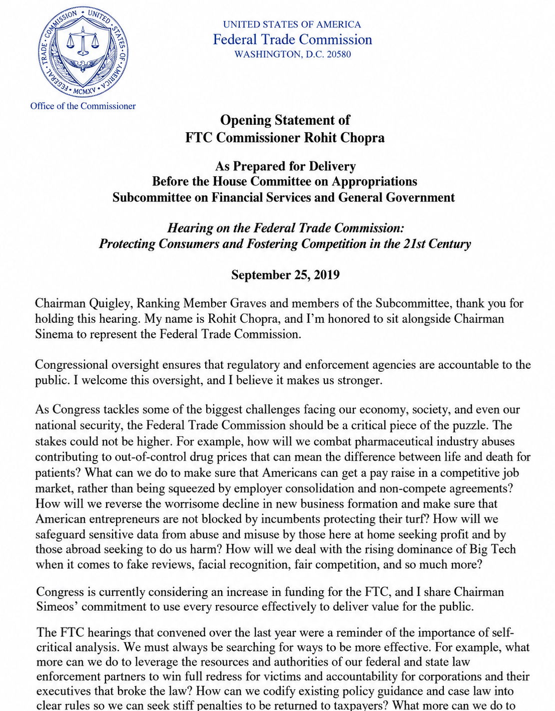 FTC Consumer Protection Hearing Opening Statement - Free AI Opening Statement Generator, 50+ Real Opening Statement Examples