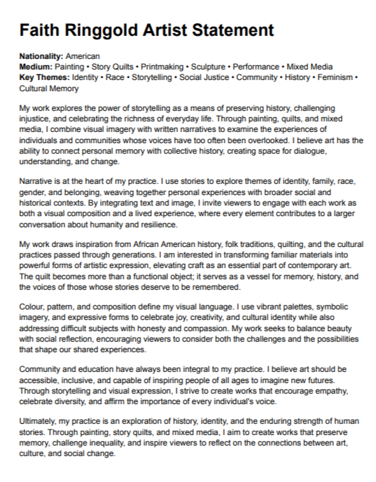 Faith Ringgold Artist Statement - Free AI Artist Statement Generator, 50+ Real Artist Statement Examples