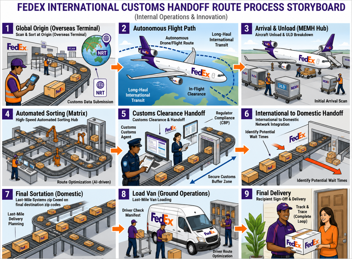 FedEx International Customs Handoff Route Process Storyboard - Free AI Storyboard Generator, 50+ Real Storyboard Examples