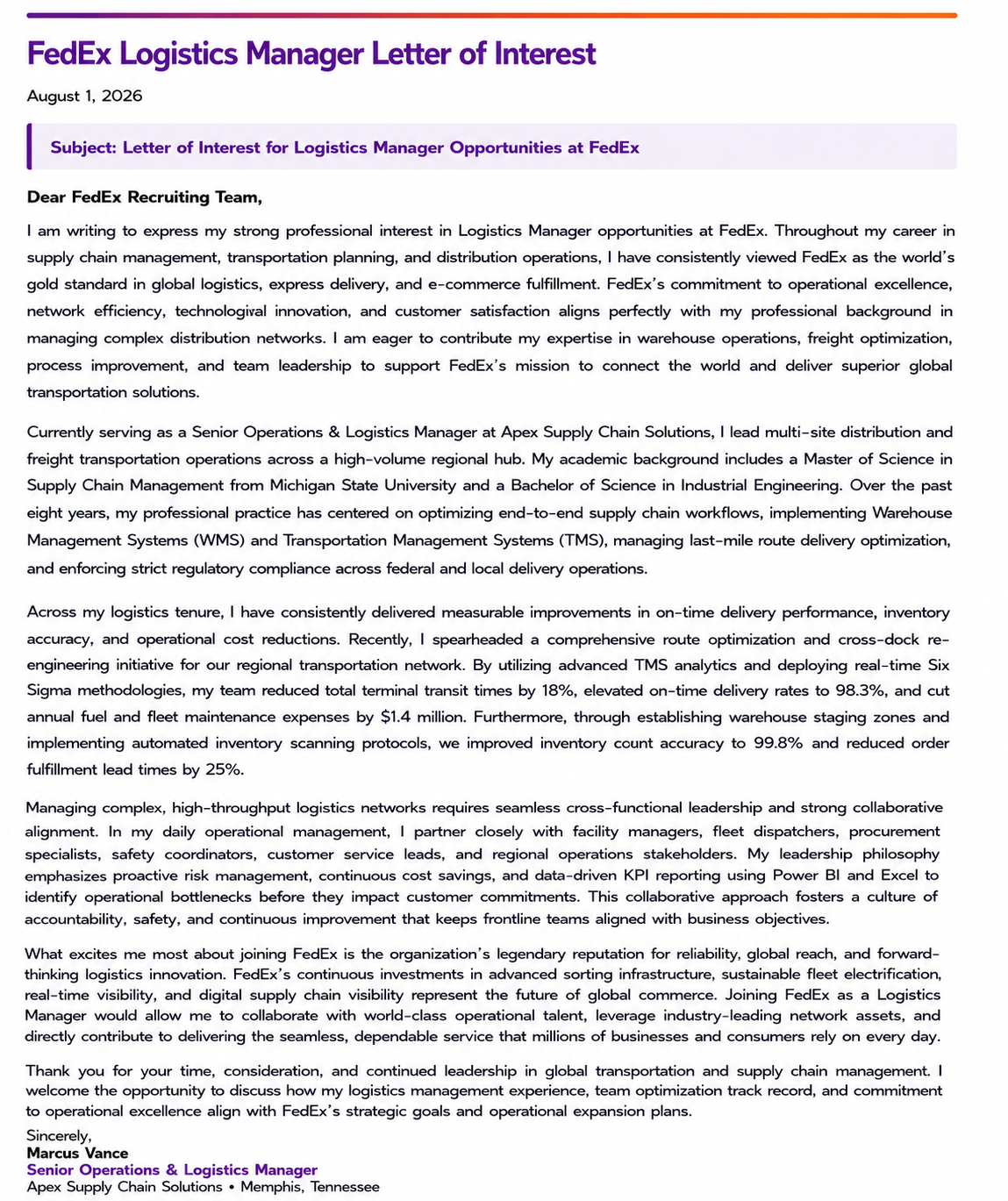 FedEx Logistics Manager Letter of Interest - Free AI Letter of Interest Generator, 50+ Real Letter of Interest Examples