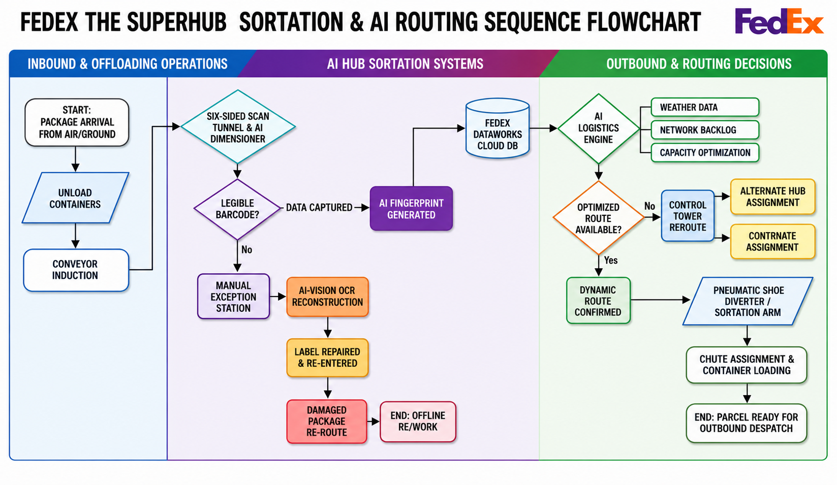 FedEx Superhub Sortation and AI Routing Sequence Flowchart - Free AI Flowchart Generator, 50+ Real Flowchart Examples