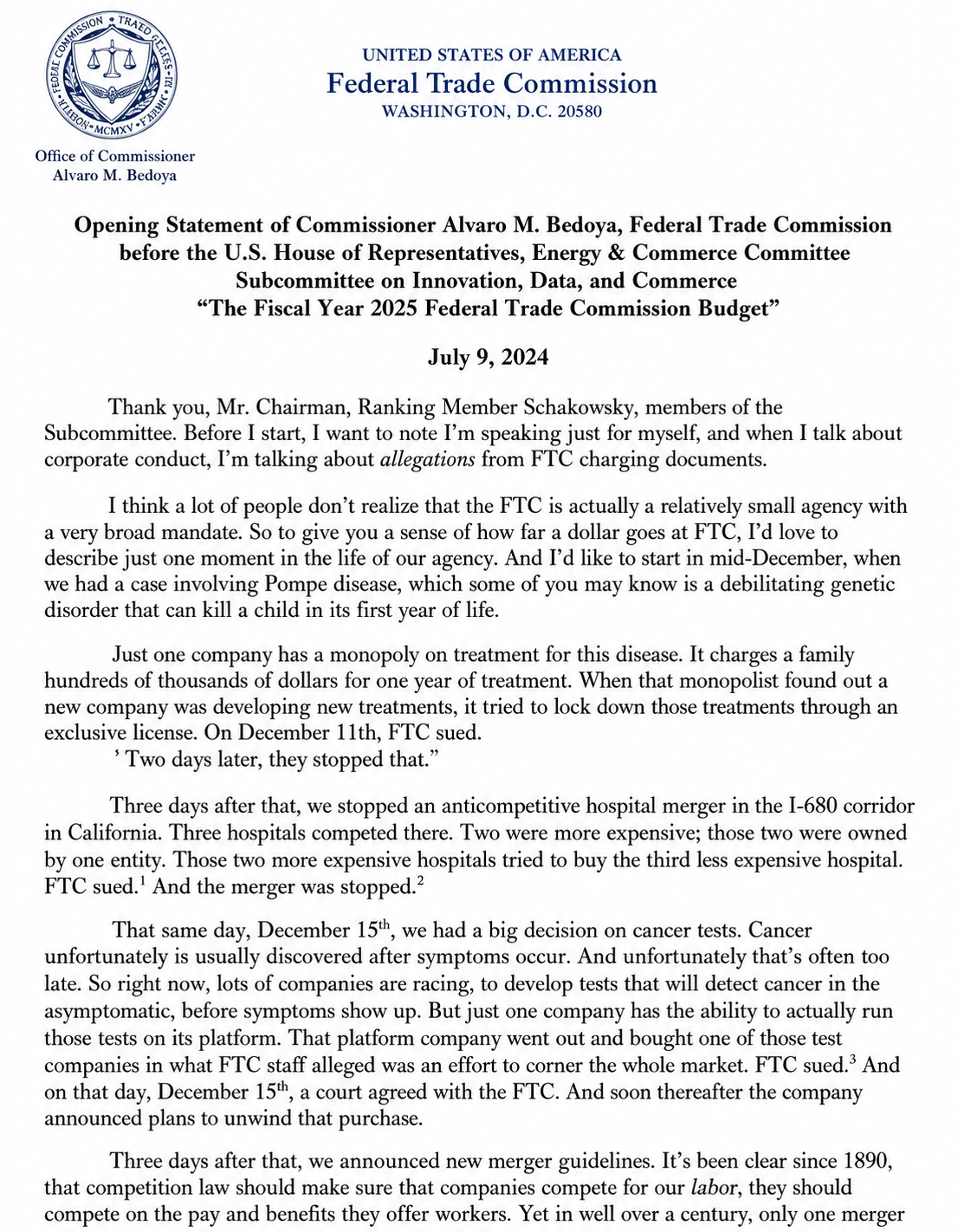 Federal Trade Commission Budget Hearing Opening Statement - Free AI Opening Statement Generator, 50+ Real Opening Statement Examples