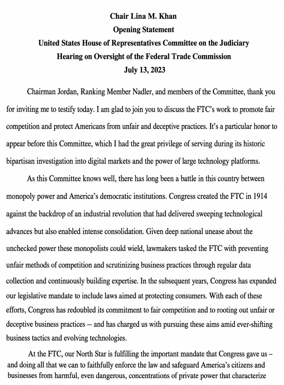 Federal Trade Commission Oversight Hearing Opening Statement - Free AI Opening Statement Generator, 50+ Real Opening Statement Examples