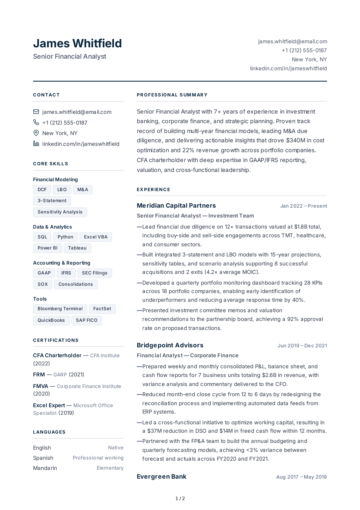 Financial Analyst CV - Free AI CV Maker, 50+ Real CV Examples