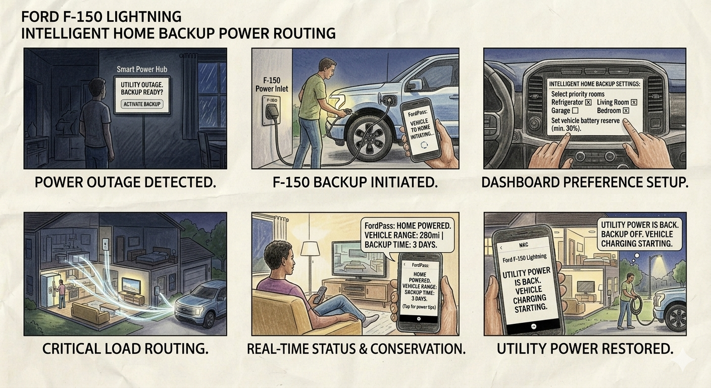 Ford F-150 Lightning Intelligent Home Backup Power Routing Storyboard - Free AI Storyboard Generator, 50+ Real Storyboard Examples