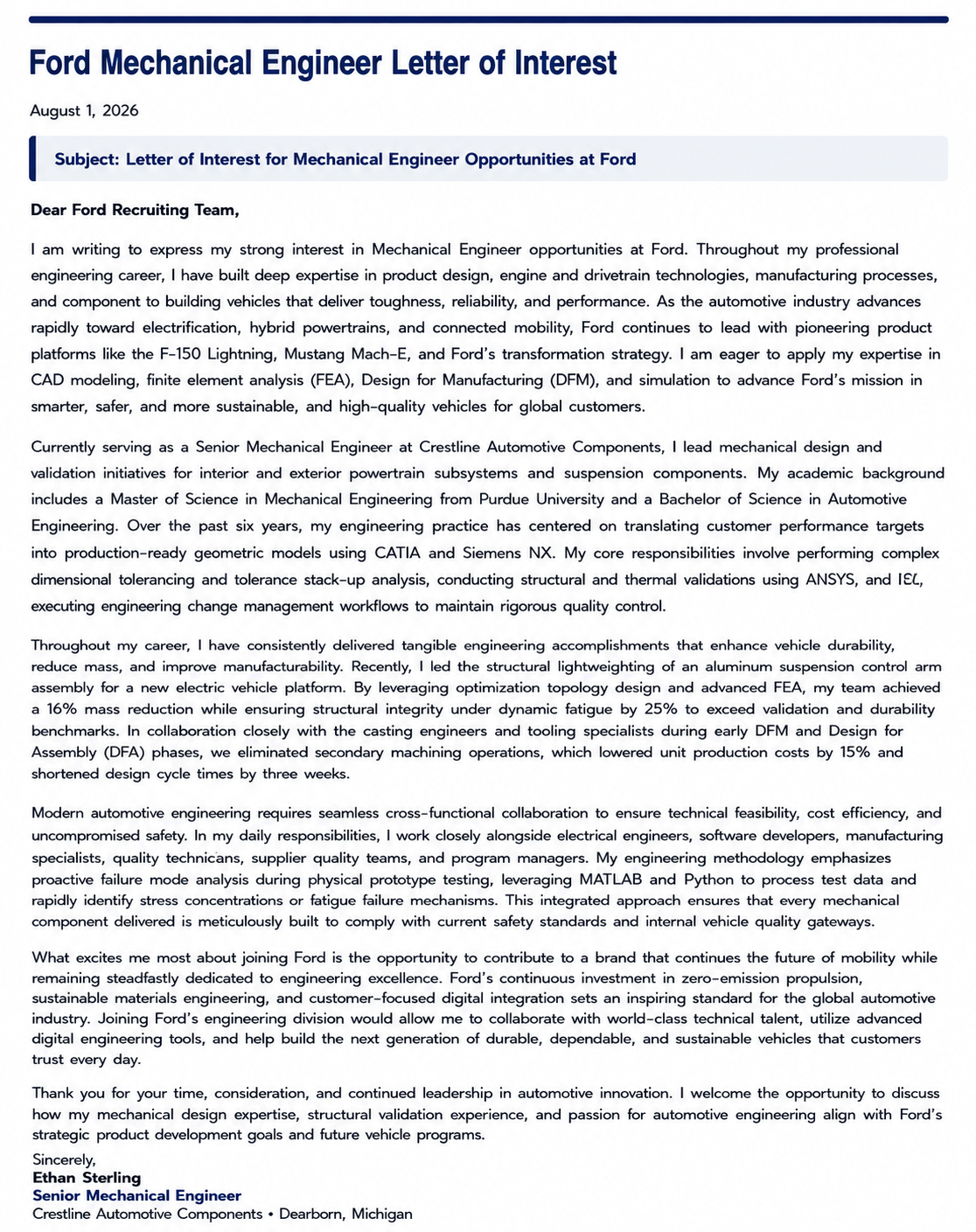 Ford Mechanical Engineer Letter of Interest - Free AI Letter of Interest Generator, 50+ Real Letter of Interest Examples