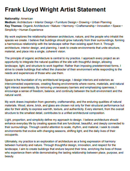 Frank Lloyd Wright Artist Statement - Free AI Artist Statement Generator, 50+ Real Artist Statement Examples