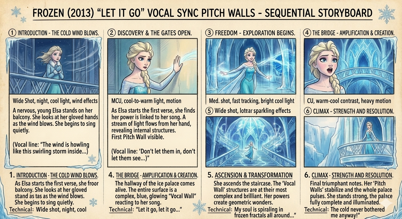 Frozen Let It Go Vocal Sync Pitch Walls Storyboard - Free AI Storyboard Generator, 40+ Real Storyboard Examples
