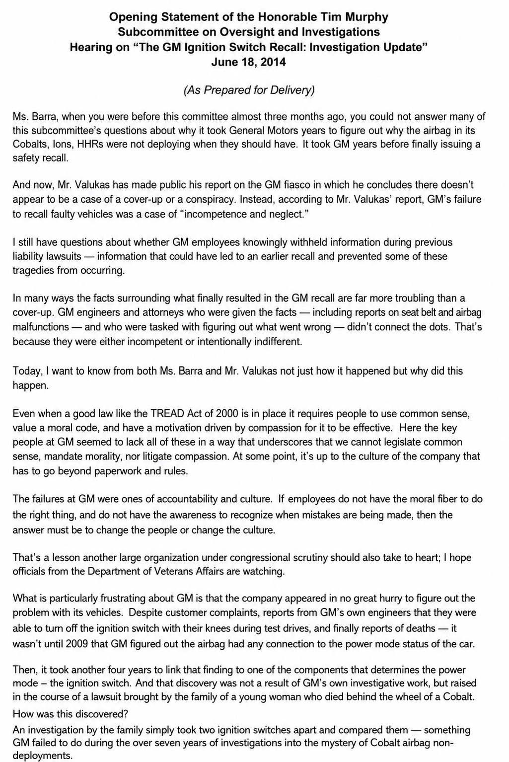 General Motors Congressional Opening Statement - Free AI Opening Statement, 50+ Real Opening Statement Examples