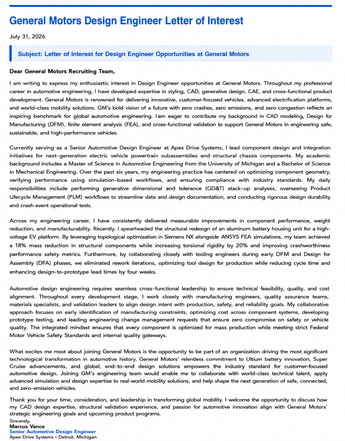 General Motors Design Engineer Letter of Interest - Free AI Letter of Interest Generator, 50+ Real Letter of Interest Examples