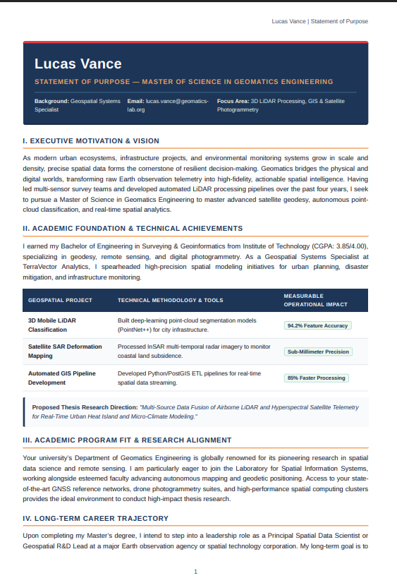 Geomatics Statement of Purpose - Free AI Statement of Purpose Generator with 50+ Real SOP Examples