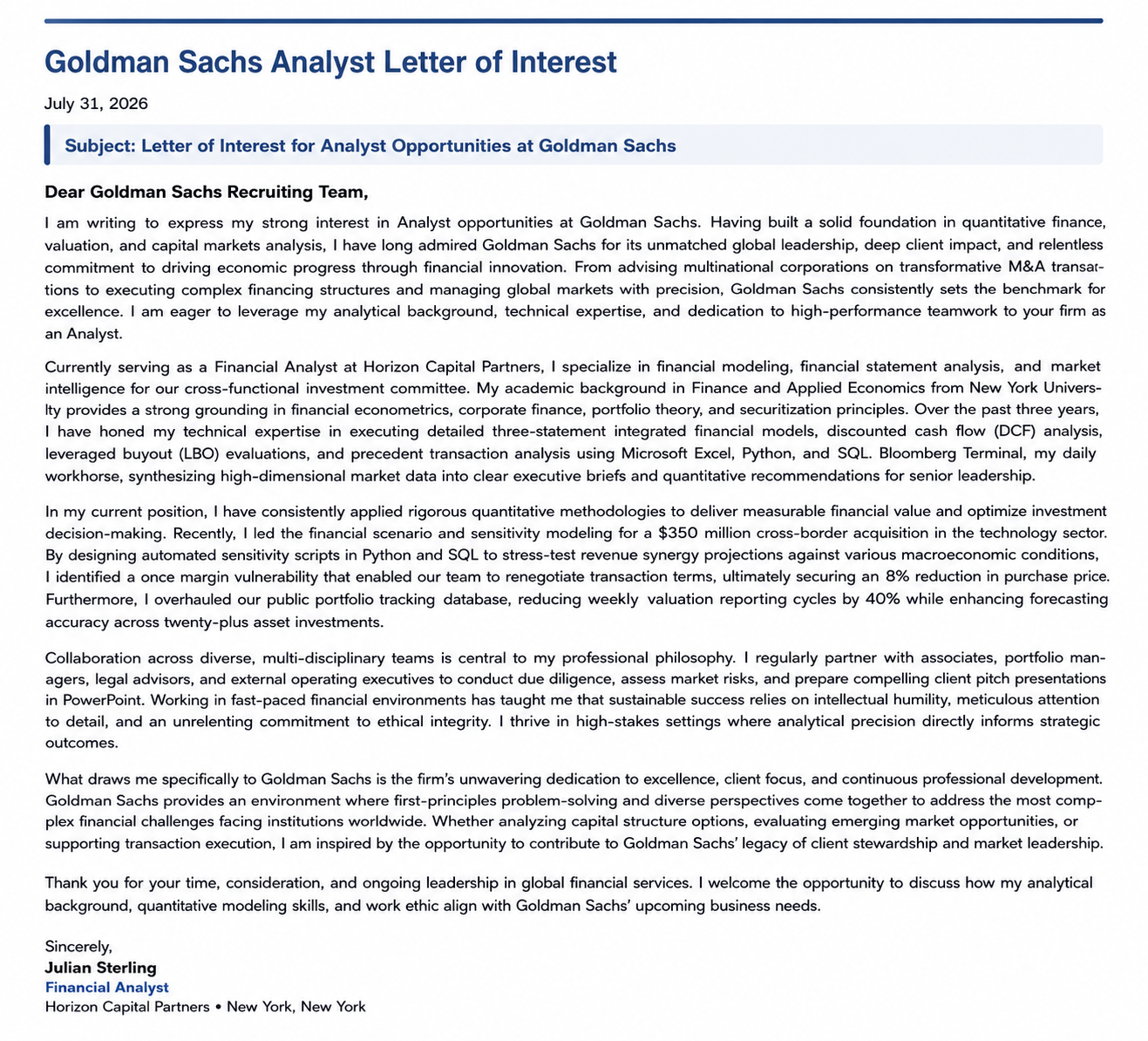 Goldman Sachs Analyst Letter of Interest - Free AI Letter of Interest Generator, 50+ Real Letter of Interest Examples