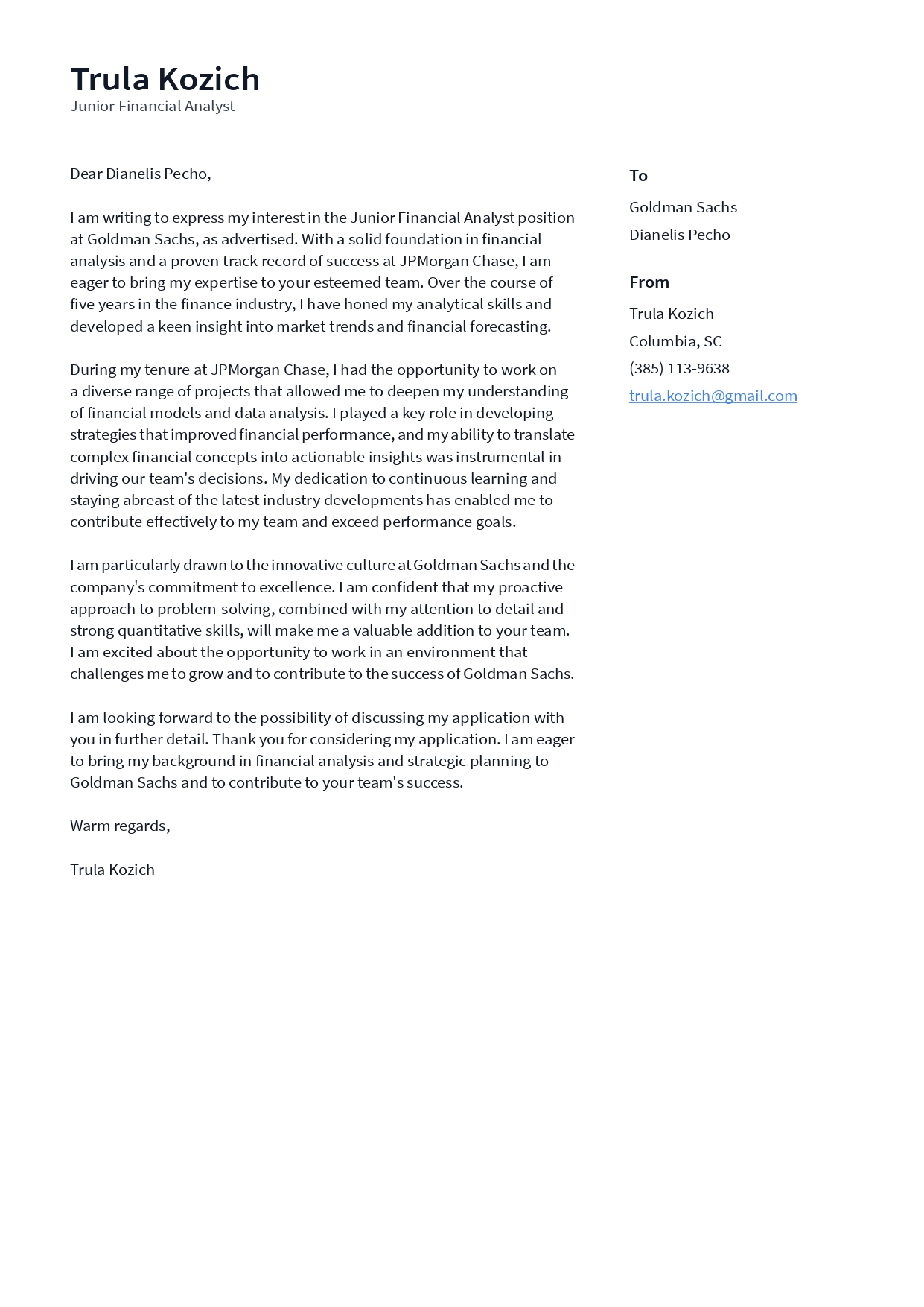 Goldman Sachs Junior Financial Analyst Cover Letter - Free AI Cover Letter Generator, 50+ Real Cover Letter Examples