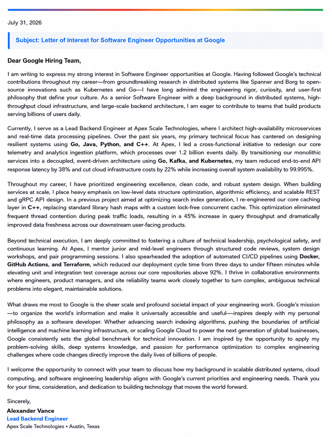 Google Software Engineer Letter of Interest - Free AI Letter of Interest Generator, 50+ Real Letter of Interest Examples