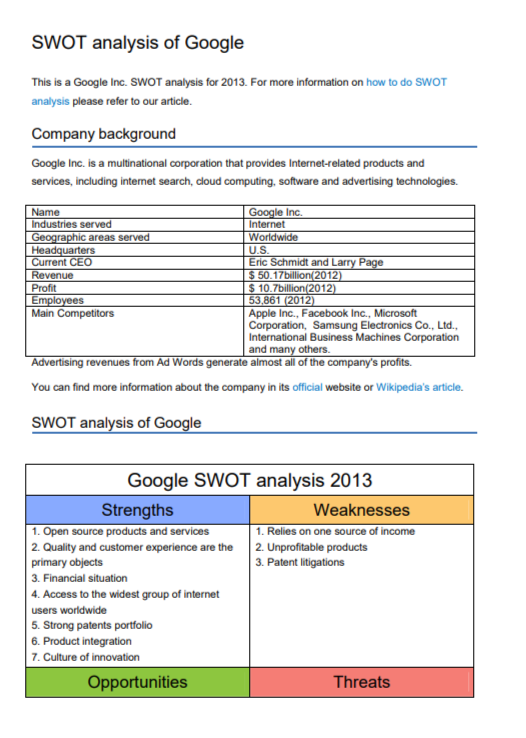 Google Swot Analysis  - Free AI swot analysis Generator, 50+ Real swot analysis Examples
