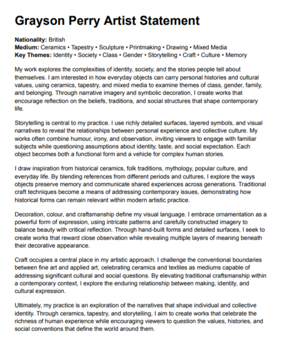 Grayson Perry Artist Statement - Free AI Artist Statement Generator, 50+ Real Artist Statement Examples