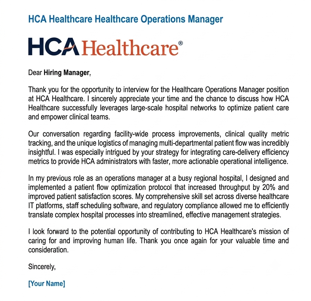 HCA Healthcare Operations Manager - AI Thank you Email after Interview Generator