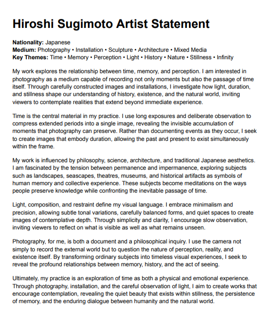 Hiroshi Sugimoto Artist Statement - Free AI Artist Statement Generator, 50+ Real Artist Statement Examples