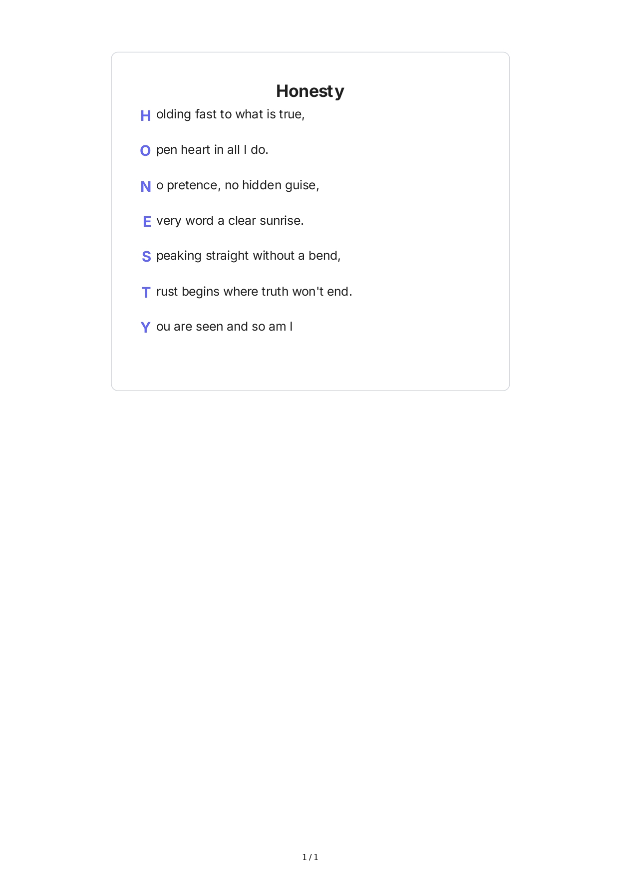 Honesty Acrostic Poem
