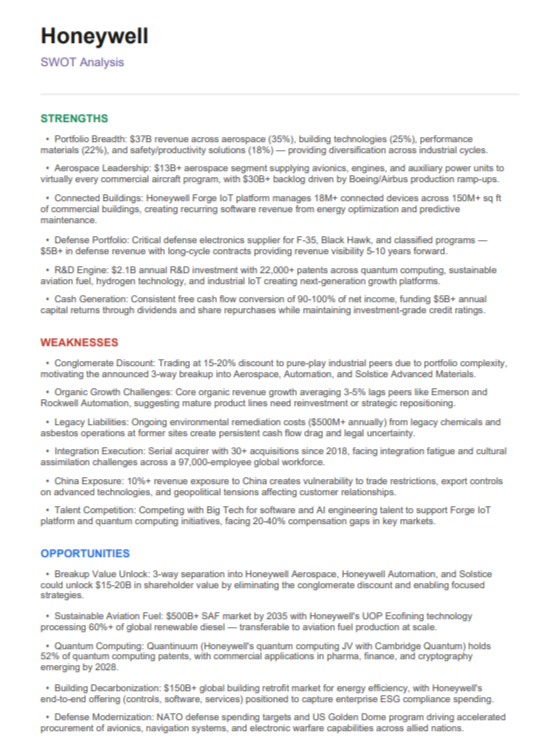 Honeywell SWOT Analysis  - Free AI swot analysis Generator, 50+ Real swot analysis Examples