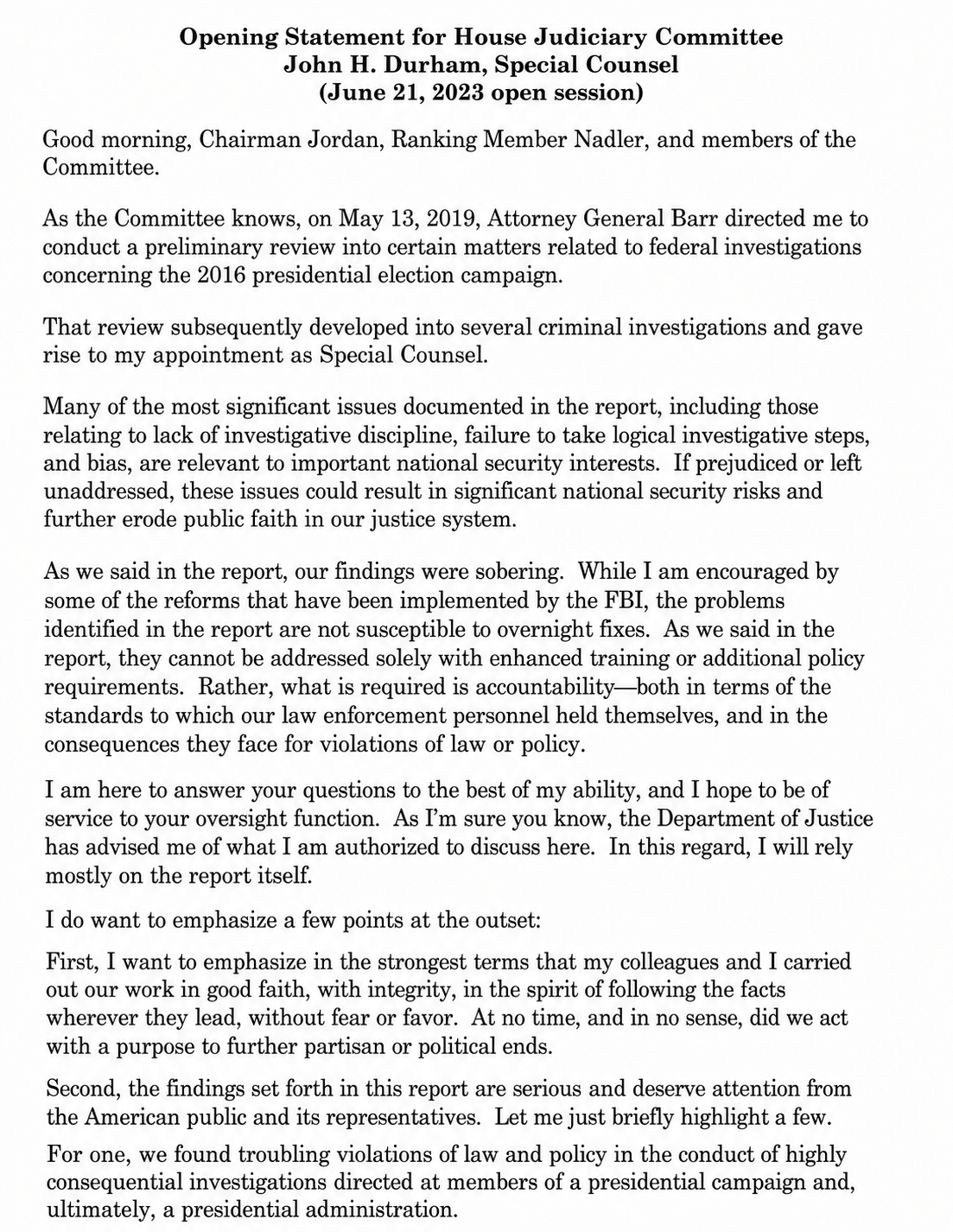 House Judiciary Committee Oversight Hearing Opening Statement - Free AI Opening Statement Generator, 50+ Real Opening Statement Examples