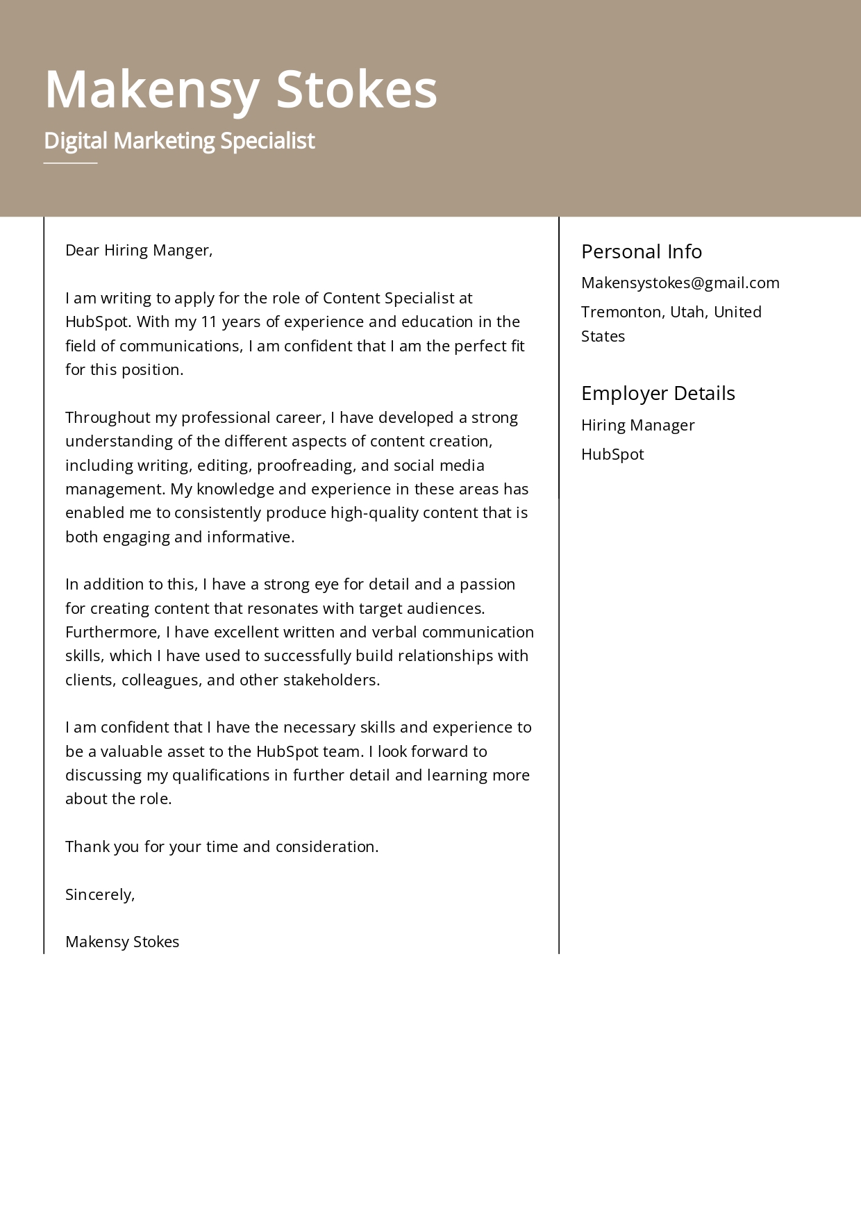 HubSpot Digital Marketing Specialist Cover Letter - Free AI Cover Letter Generator, 50+ Real Cover Letter Examples