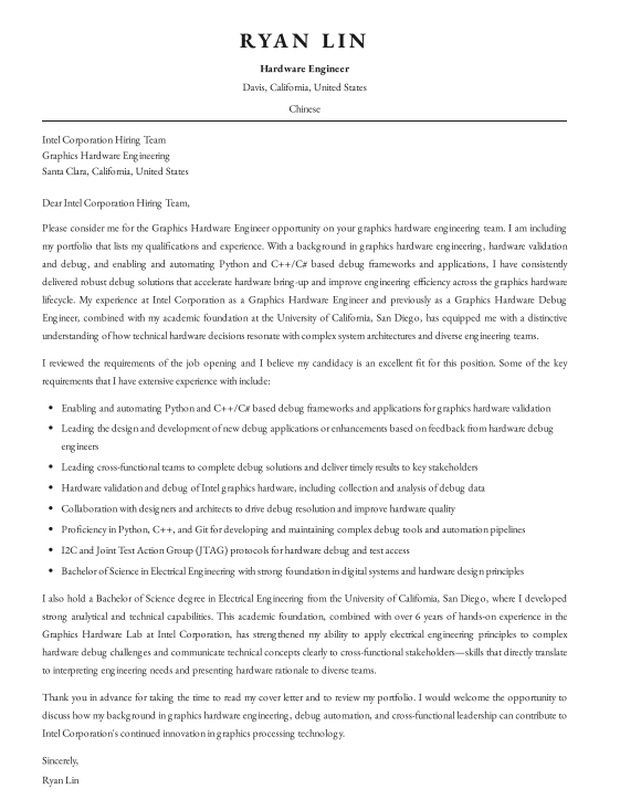 Intel Hardware Engineer Cover Letter - Free AI Cover Letter Generator, 50+ Real Cover Letter Examples