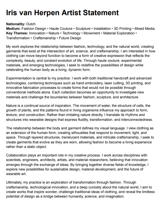 Iris van Herpen Artist Statement - Free AI Artist Statement Generator, 50+ Real Artist Statement Examples
