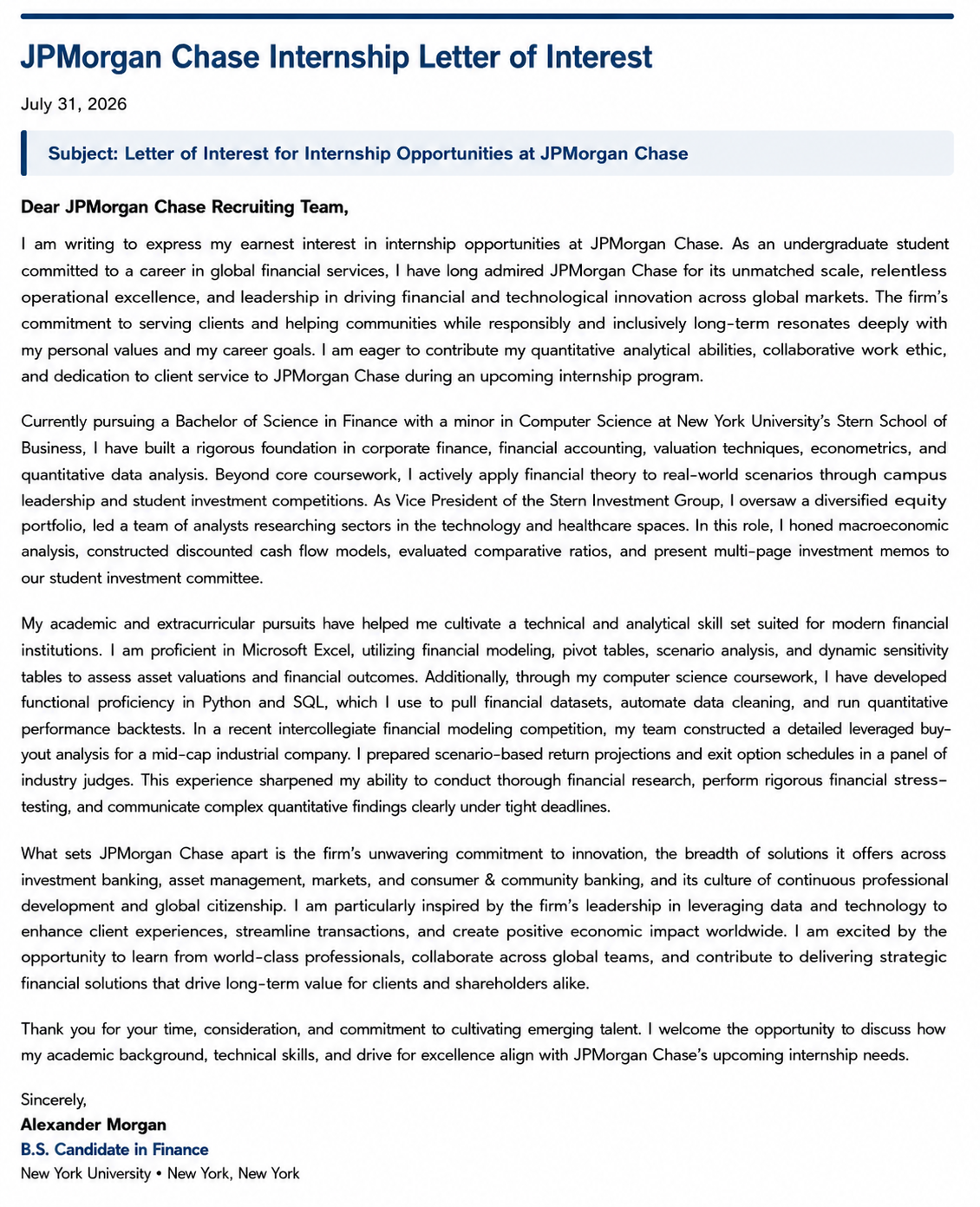 JPMorgan Chase Internship Letter of Interest - Free AI Letter of Interest Generator, 50+ Real Letter of Interest Examples