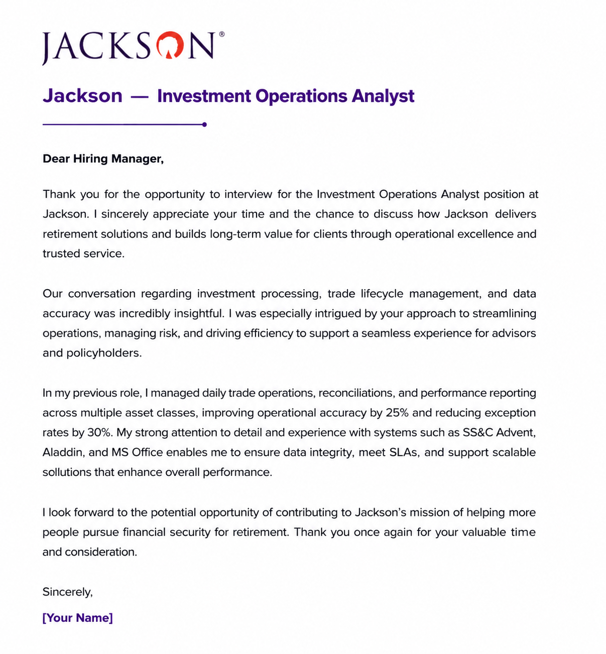 Jackson Investment Operations Analyst - AI Thank you Email after Interview Generator