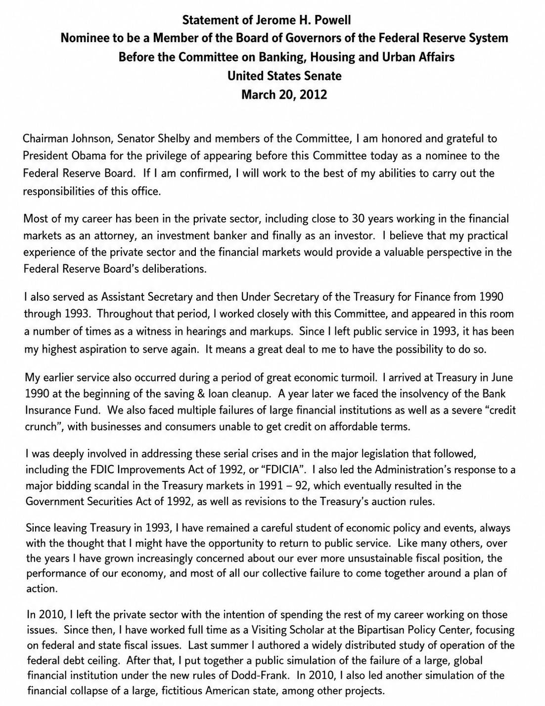 Jerome H. Powell Fed Nomination Opening Statement - Free AI Opening Statement Generator, 50+ Real Opening Statement Examples