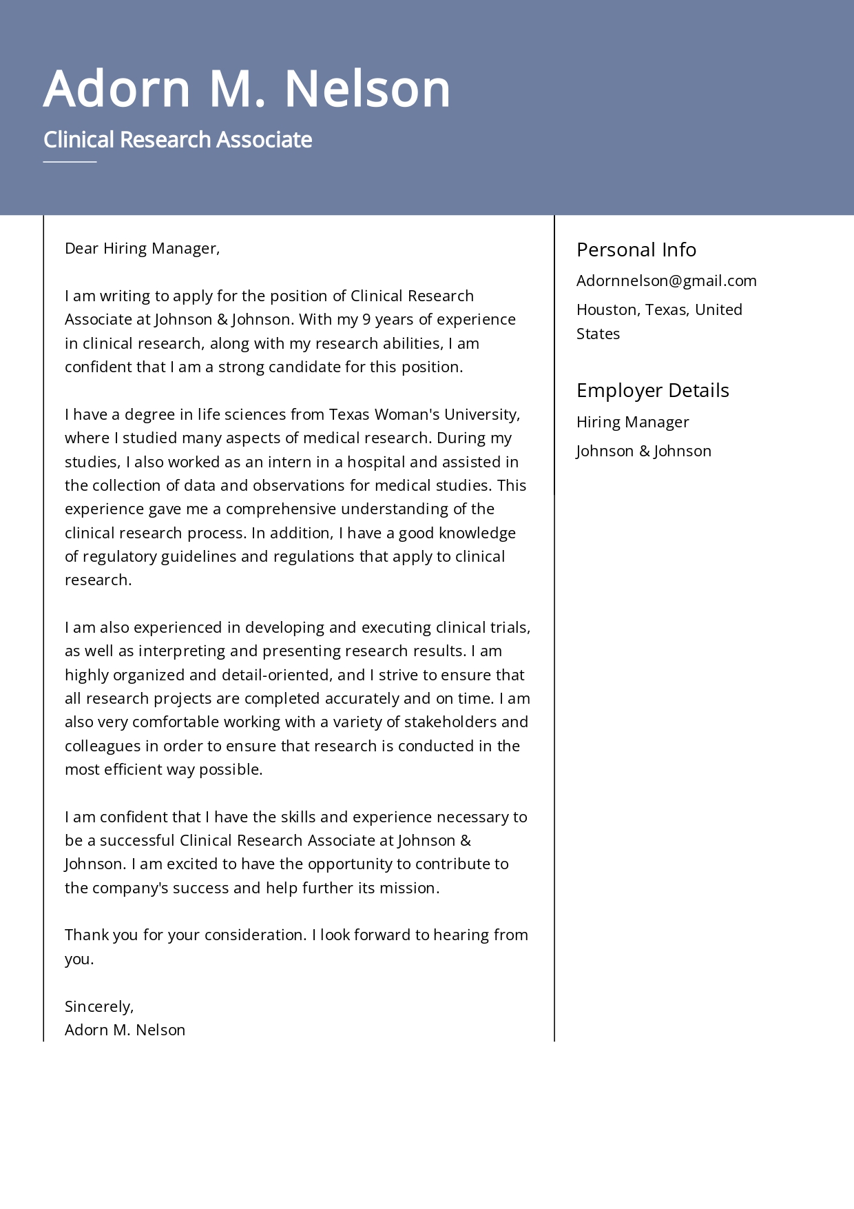 Johnson & Johnson Clinical Research Associate Cover Letter - Free AI Cover Letter Generator, 50+ Real Cover Letter Examples