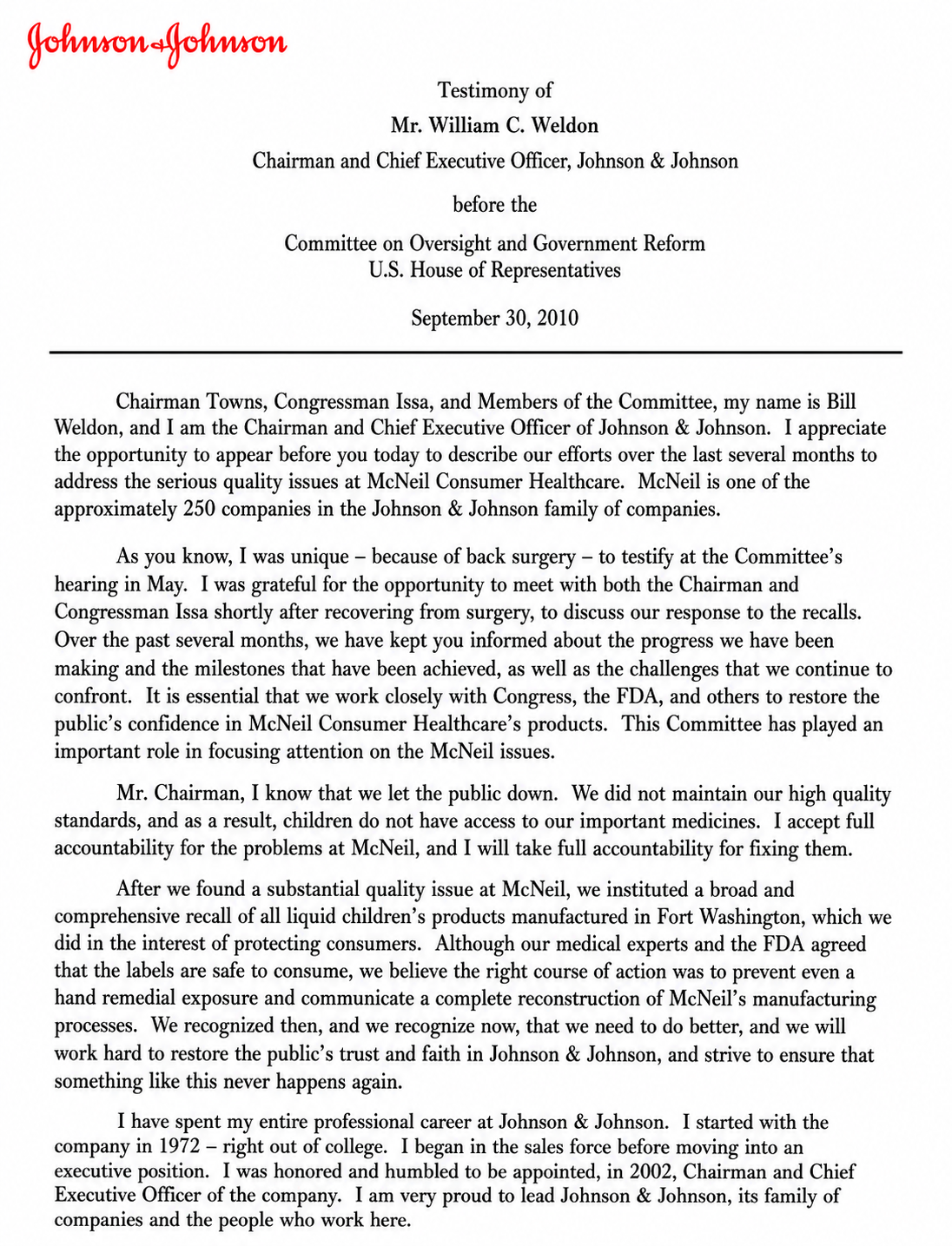 Johnson & Johnson Congressional Opening Statement - Free AI Opening Statement Generator, 50+ Real Opening Statement Examples