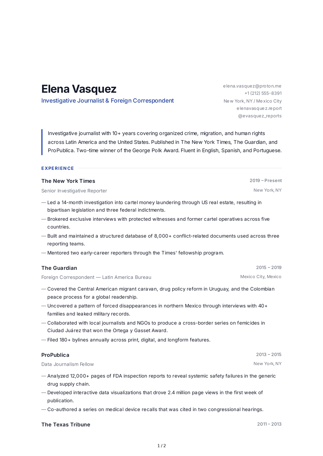 Journalist CV - Free AI CV Maker, 50+ Real CV Examples