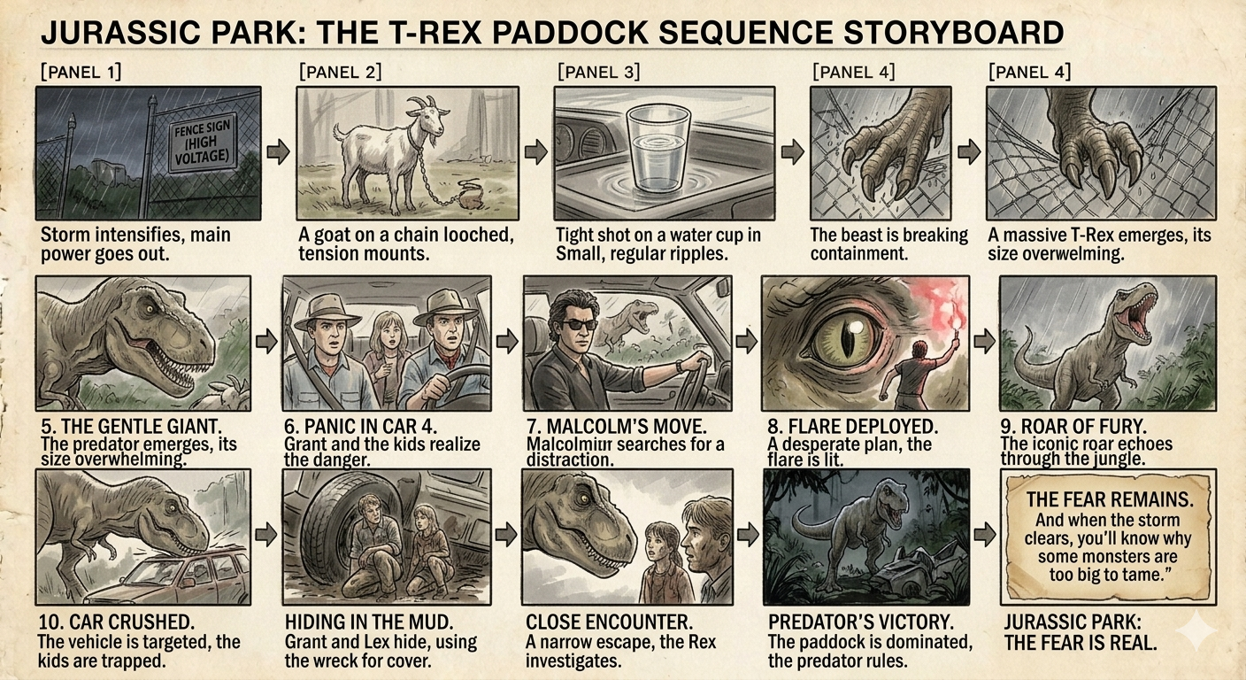 Jurassic Park The T-Rex Paddock Sequence Storyboard - Free AI Storyboard Generator, 50+ Real Storyboard Examples