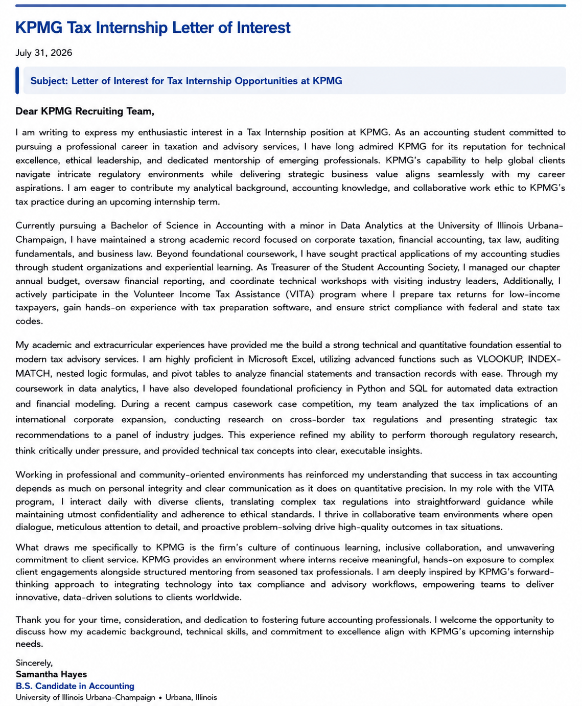KPMG Tax Internship Letter of Interest - Free AI Letter of Interest Generator, 50+ Real Letter of Interest Examples