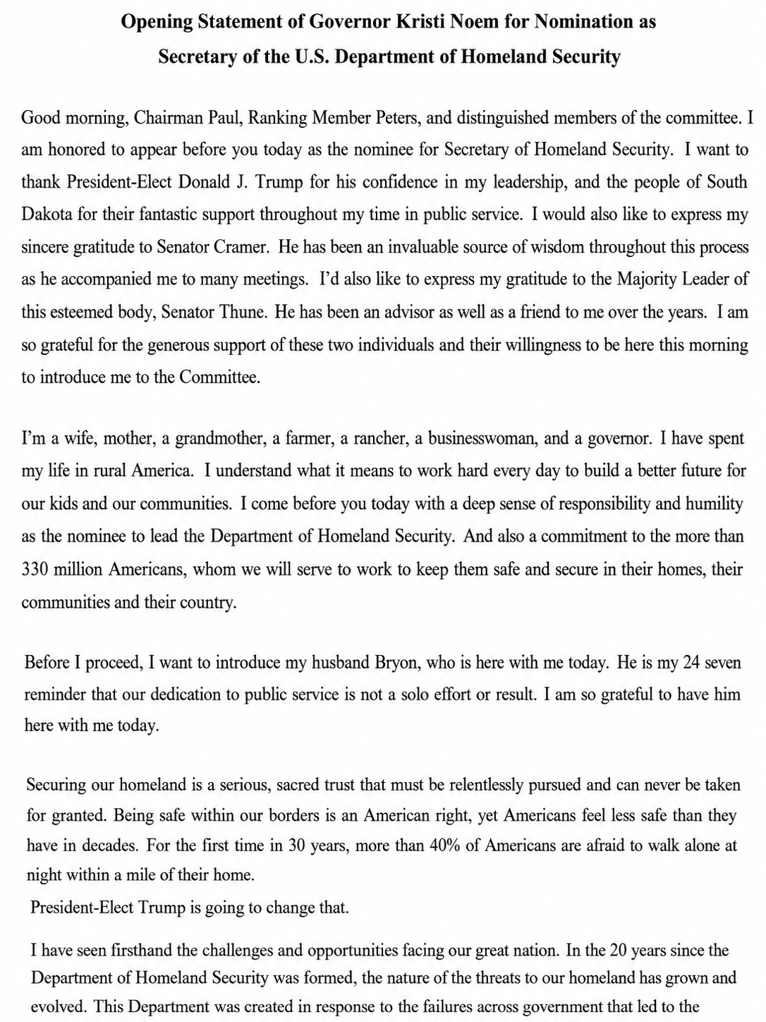 Kristi Noem DHS Confirmation Opening Statement - Free AI Opening Statement Generator, 50+ Real Opening Statement Examples