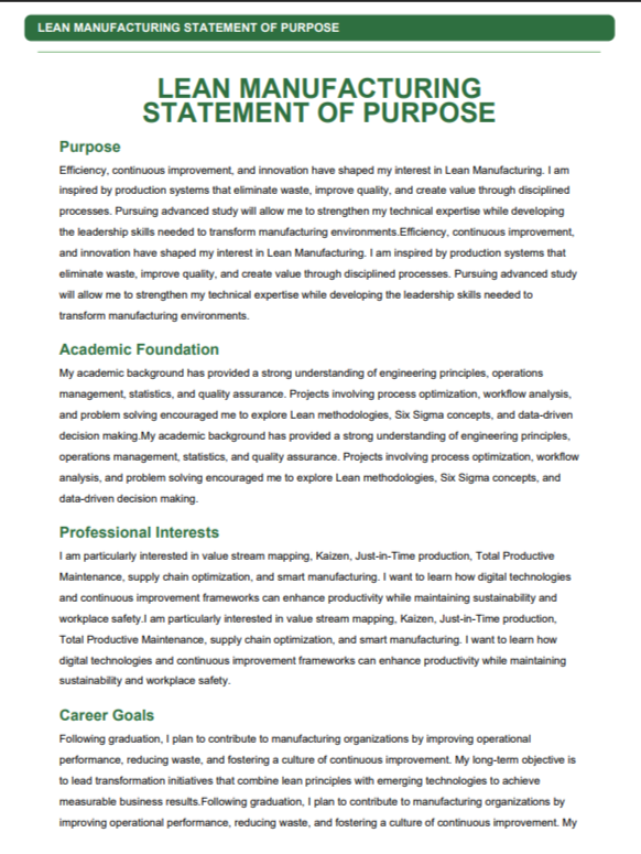 Lean Manufacturing Statement of Purpose - Free AI Statement of Purpose Generator with 50+ Real SOP Examples