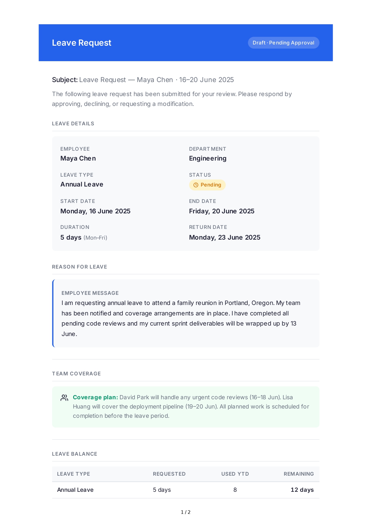 Leave Request Email - Free AI Email Generator, 50+ Real Email Examples