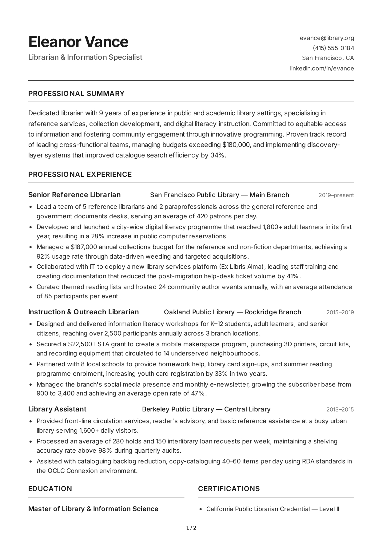 Librarian CV - Free AI CV Maker, 50+ Real CV Examples