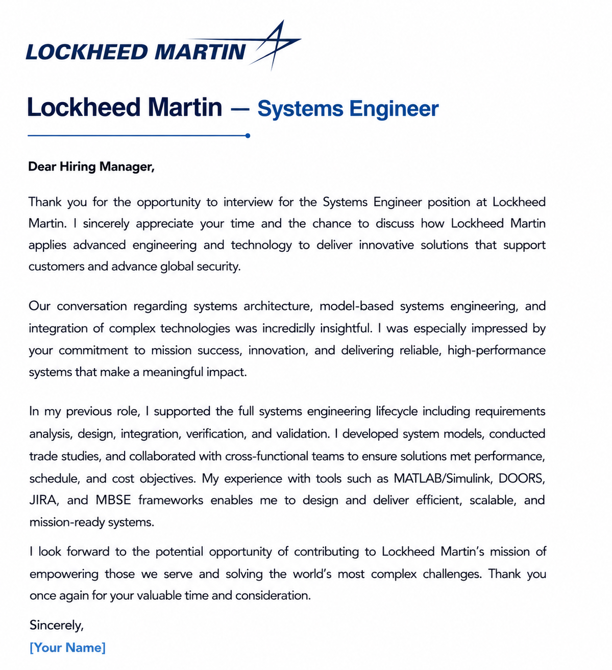Lockheed Martin Systems Engineer - AI Thank you Email after Interview Generator