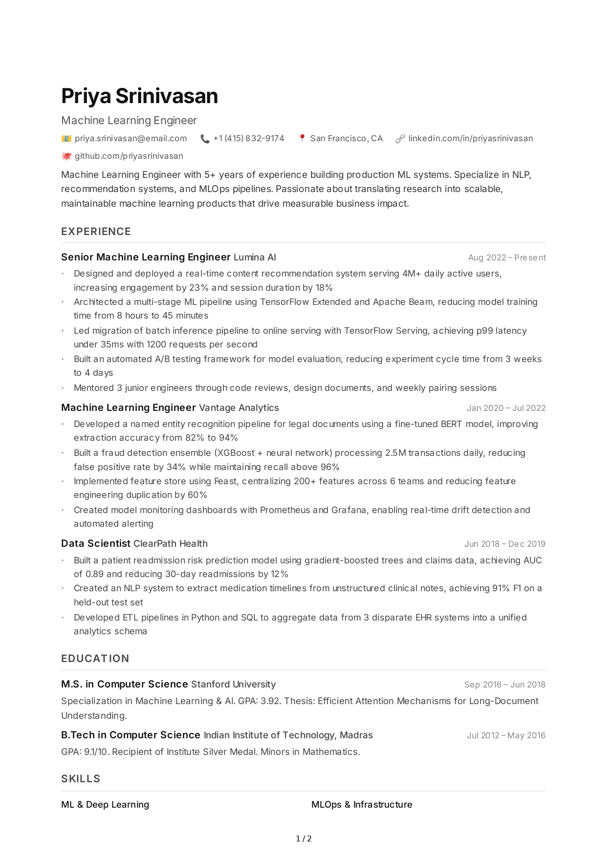 Machine Learning Engineer CV - Free AI CV Maker, 50+ Real CV Examples