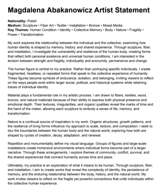 Magdalena Abakanowicz Artist Statement - Free AI Artist Statement Generator, 50+ Real Artist Statement Examples