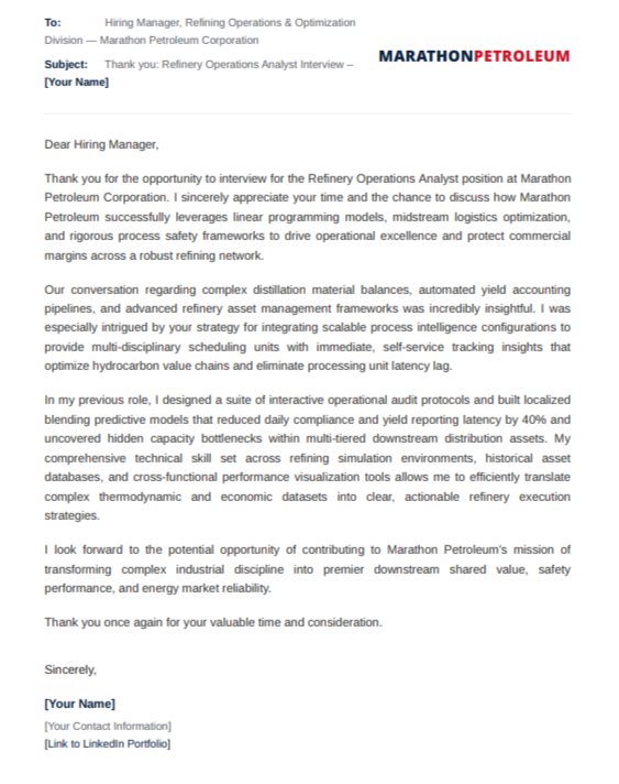Marathon Petroleum Refinery Operations Analyst - AI Thank you Email after Interview Generator