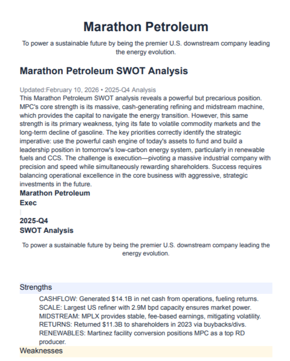 Marathon Petroleum Swot Analysis  - Free AI swot analysis Generator, 50+ Real swot analysis Examples