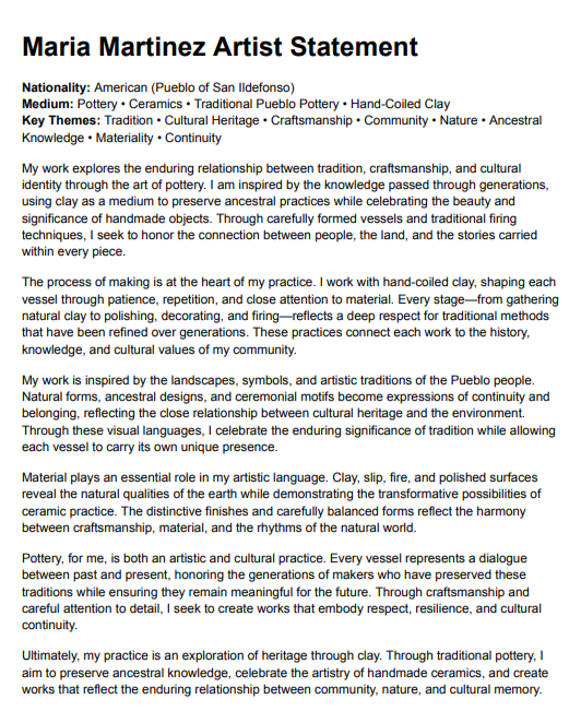 Maria Martinez Artist Statement - Free AI Artist Statement Generator, 50+ Real Artist Statement Examples