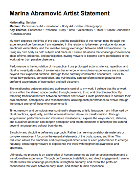 Marina Abramović Artist Statement - Free AI Artist Statement Generator, 50+ Real Artist Statement Examples