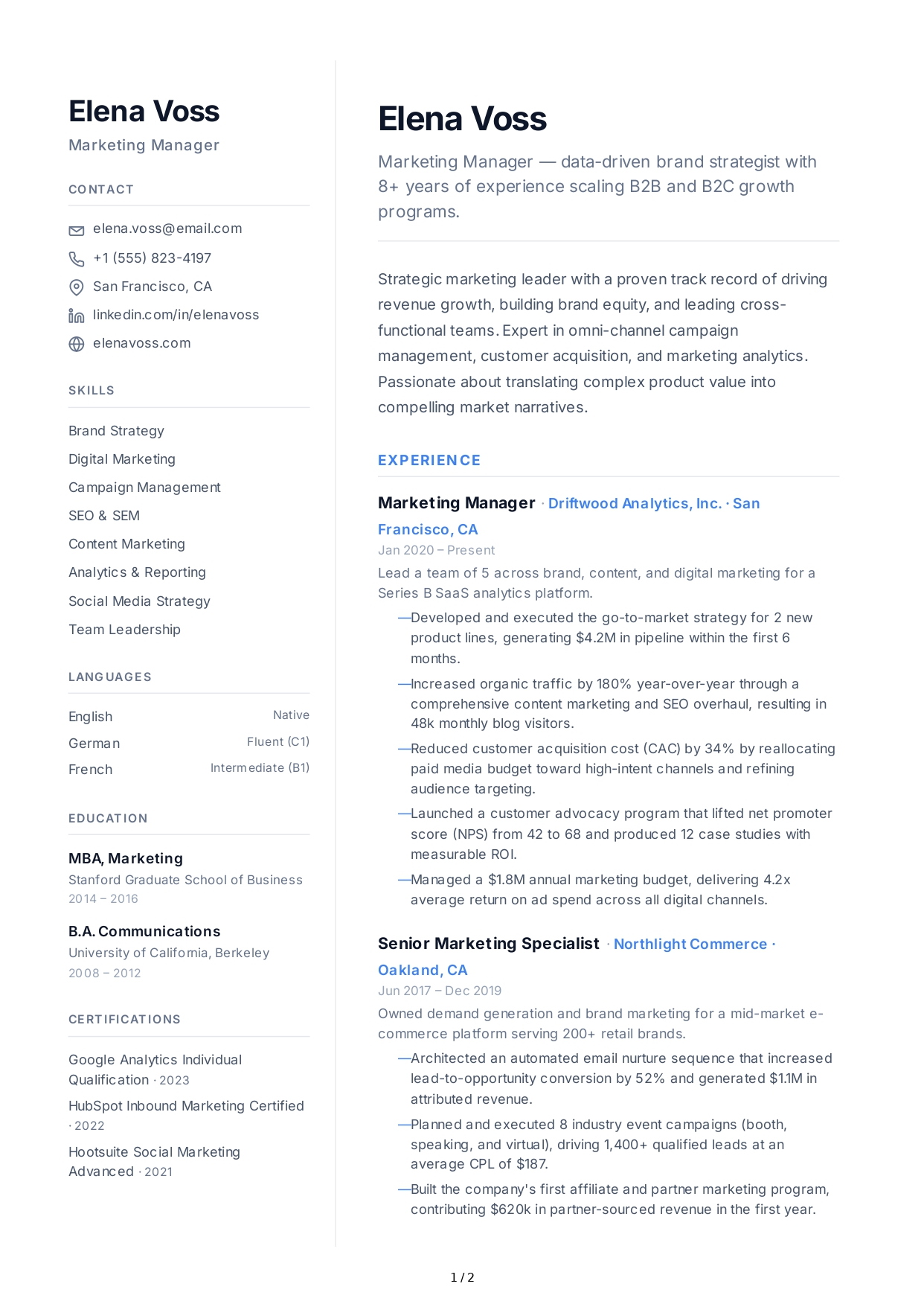 Marketing Manager CV - Free AI CV Maker, 50+ Real CV Examples