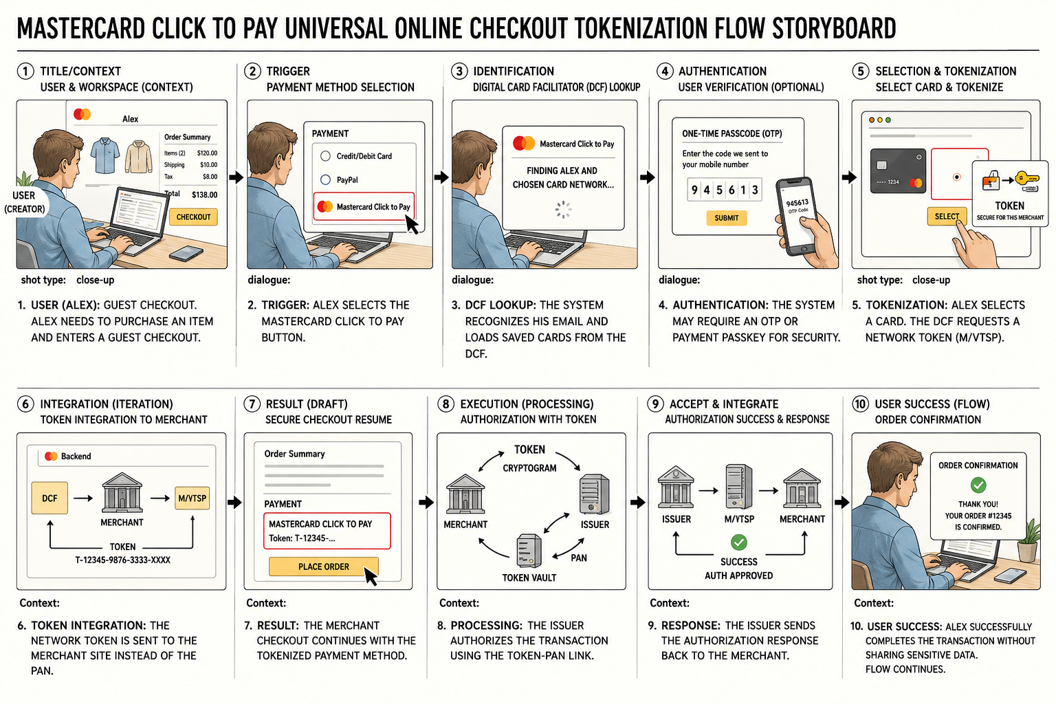 Mastercard Click to Pay Universal Online Checkout Tokenization Flow Storyboard - Free AI Storyboard Generator, 40+ Real Storyboard Examples