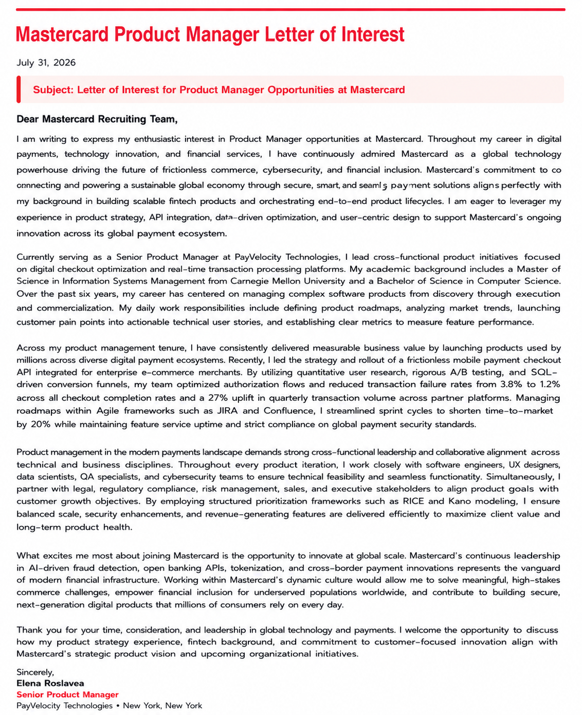 Mastercard Product Manager Letter of Interest - Free AI Letter of Interest Generator, 50+ Real Letter of Interest Examples